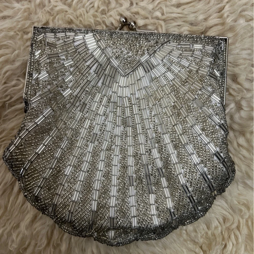BEADED CLUTCH BAG. Silver Seed and Bugle Beads. White Satin Inside. Kiss Lock
